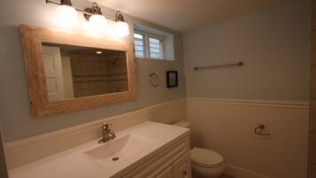 Shower, hair dryer, soap, shampoo