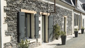 A building with stone walls and black shutters, potted plants on the sidewalk, and a clear sky. - Maison Chaleureuse en Bord de Loire (La bohalle)