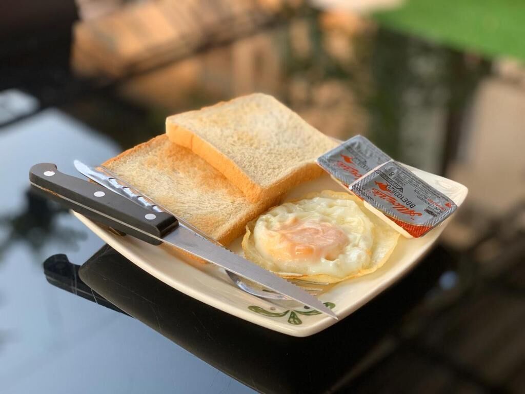Un plato con tostadas y un huevo frito sobre una mesa.