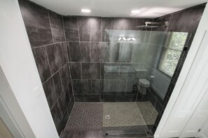 Shower, towels, soap, shampoo