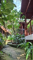 Un sendero de piedra serpentea por un exuberante jardín con diversas plantas tropicales y una estructura de pérgola de madera.