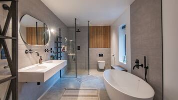 Combined shower/bathtub, hair dryer