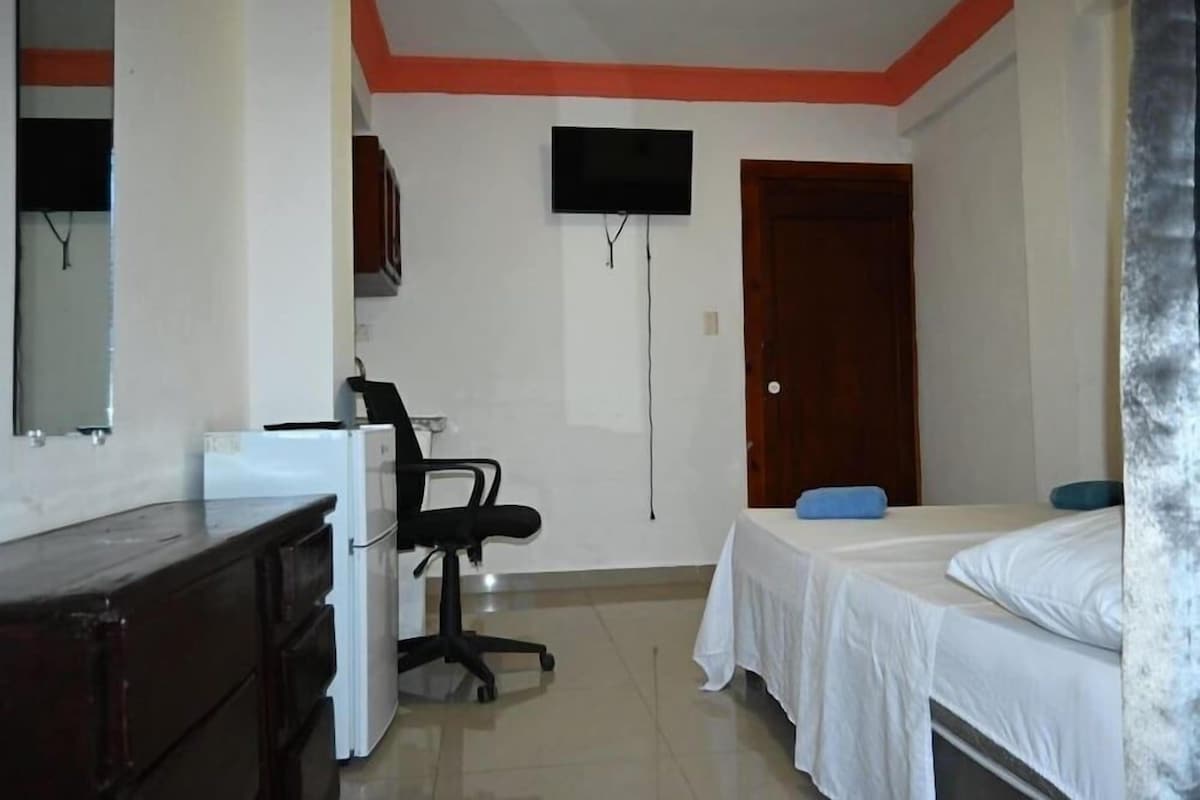 A room with a bed, a desk with a chair, a television mounted on the wall, and a door.