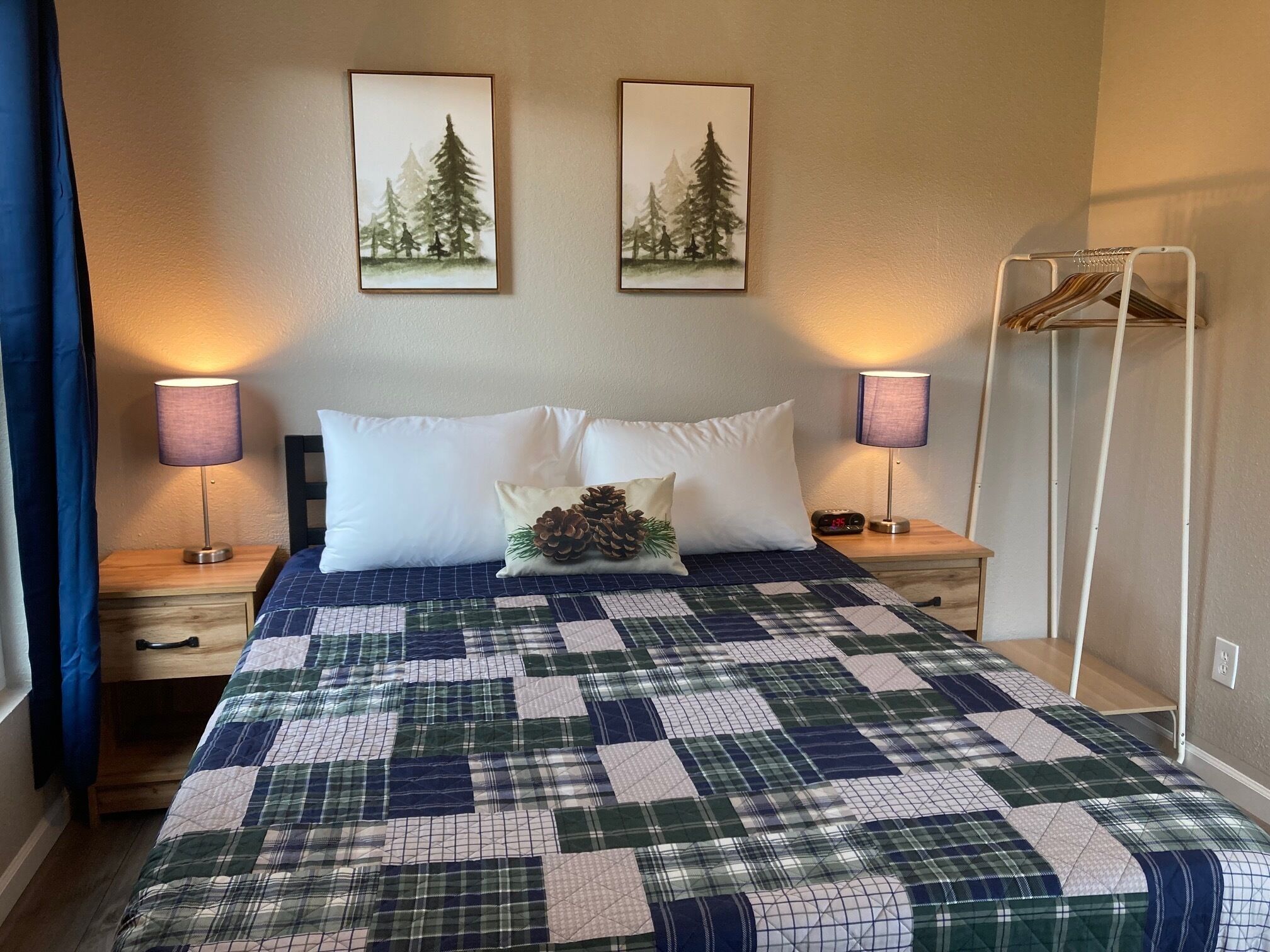 A neatly made bed with a plaid quilt, two white pillows, and a pinecone decoration. There are two framed pictures on the wall, a bedside lamp, and a coat rack.
