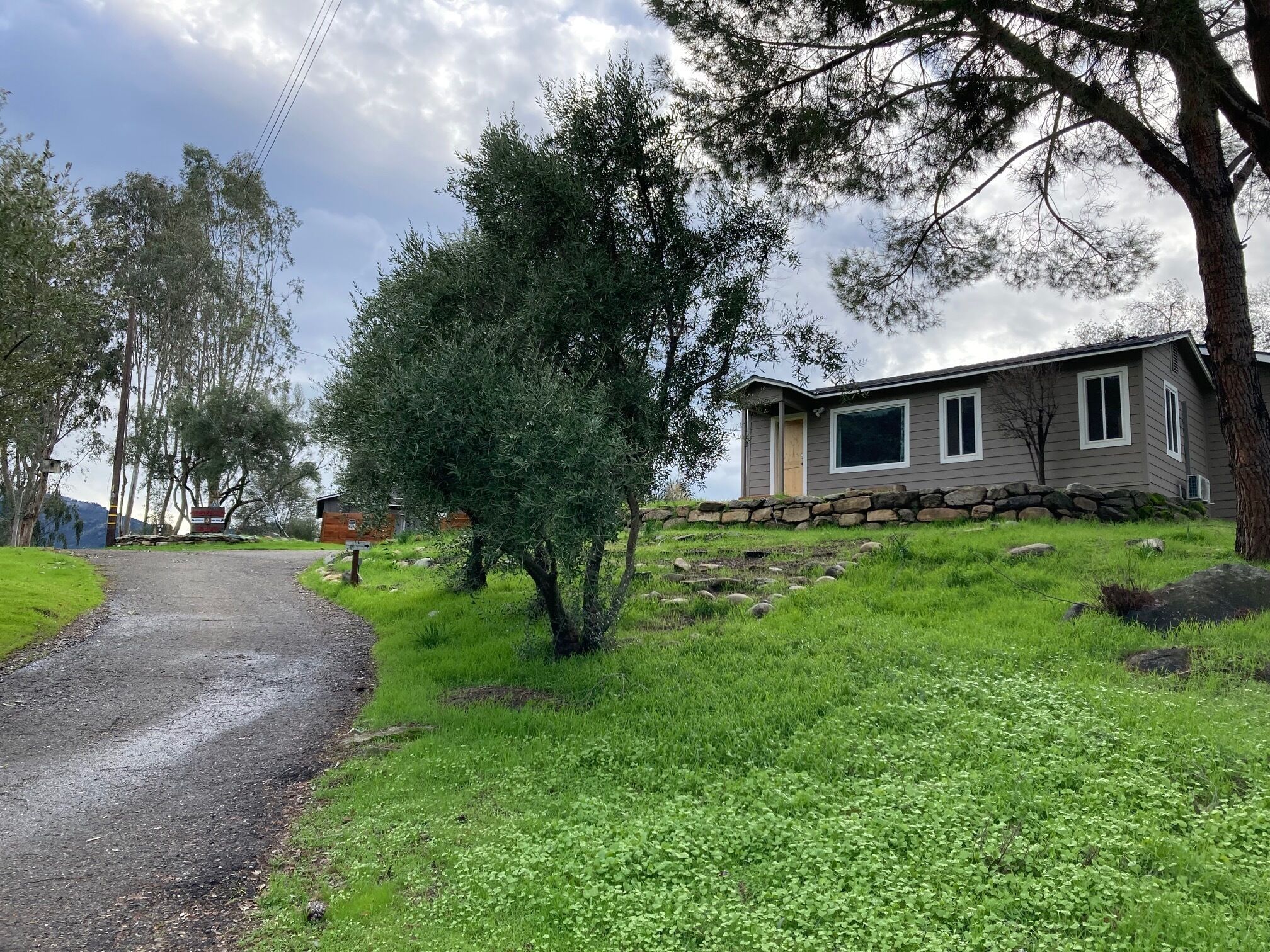 A house with a stone wall, a paved driveway, and a grassy area with trees.
