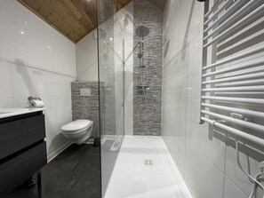 Shower, hair dryer, soap, toilet paper