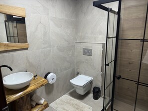 Une salle de bain avec un meuble-lavabo en bois, un évier, des toilettes et un espace douche.
