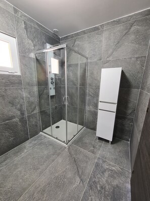 Regadera, secadora de cabello, papel de baño 