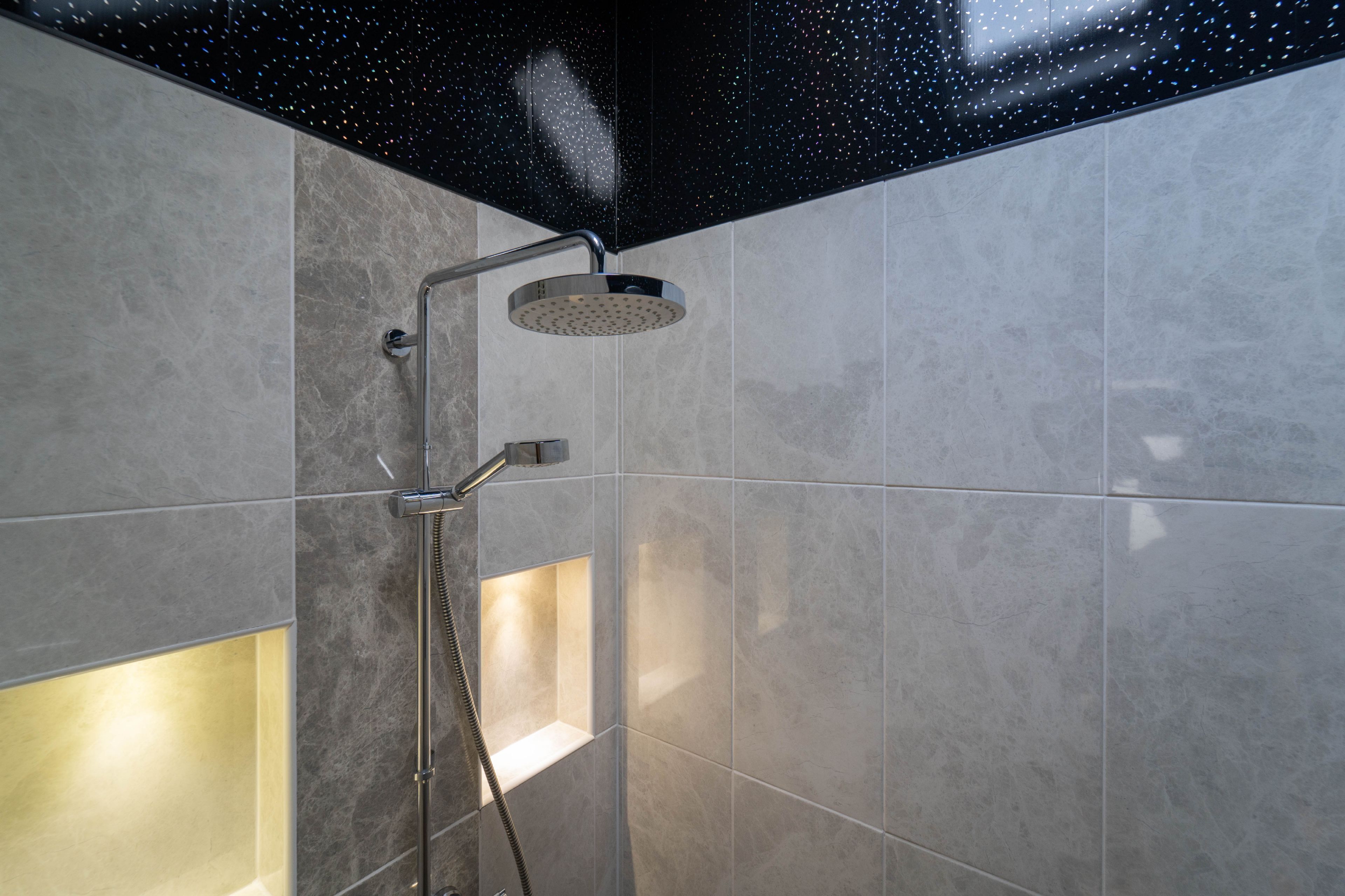 A shower with a starry ceiling, a handheld showerhead, and a wall-mounted control panel.