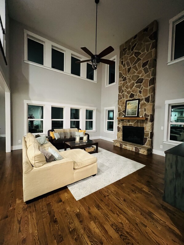 Smart TV, fireplace, video games, DVD player