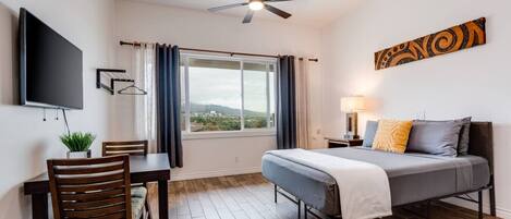 1 chambre, bureau, fer et planche à repasser, lit parapluie