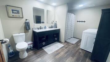Hair dryer, towels, soap, shampoo