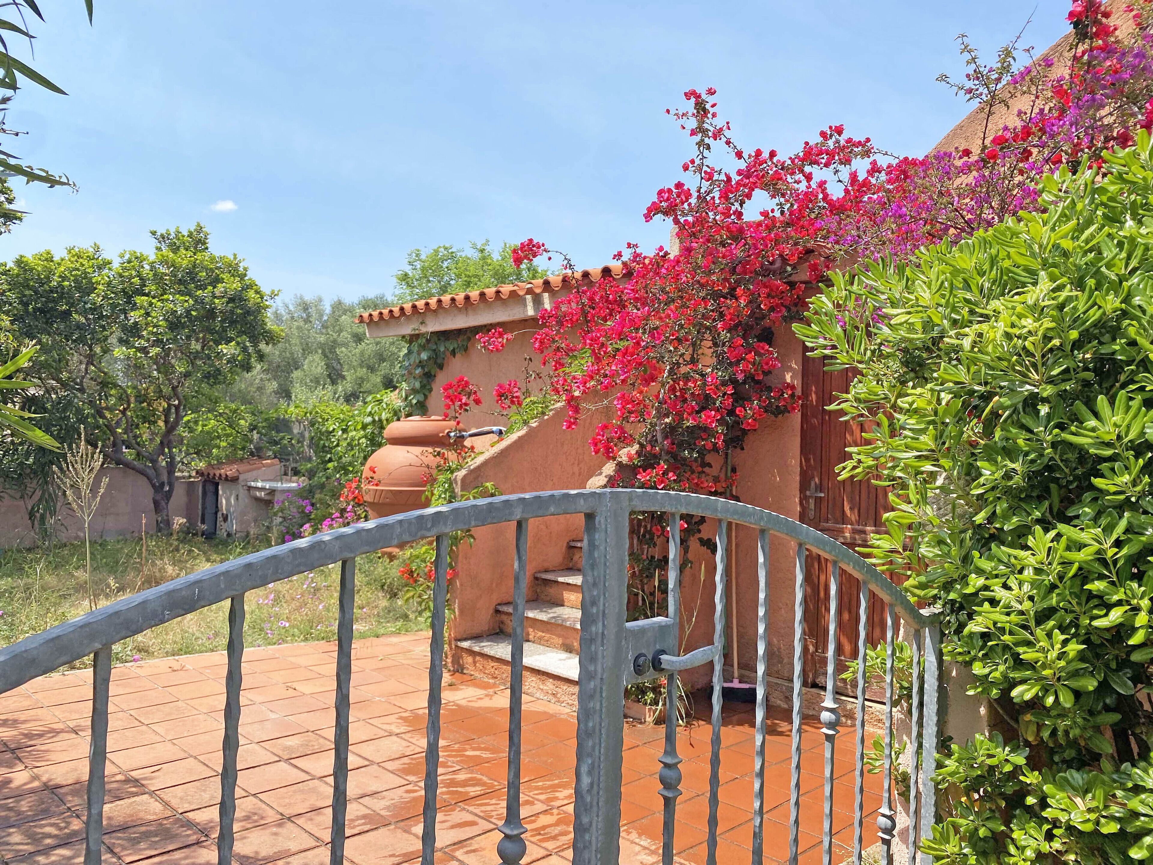 Un patio con suelo de baldosas, una verja de metal y un edificio con paredes de terracota y flores rojas.