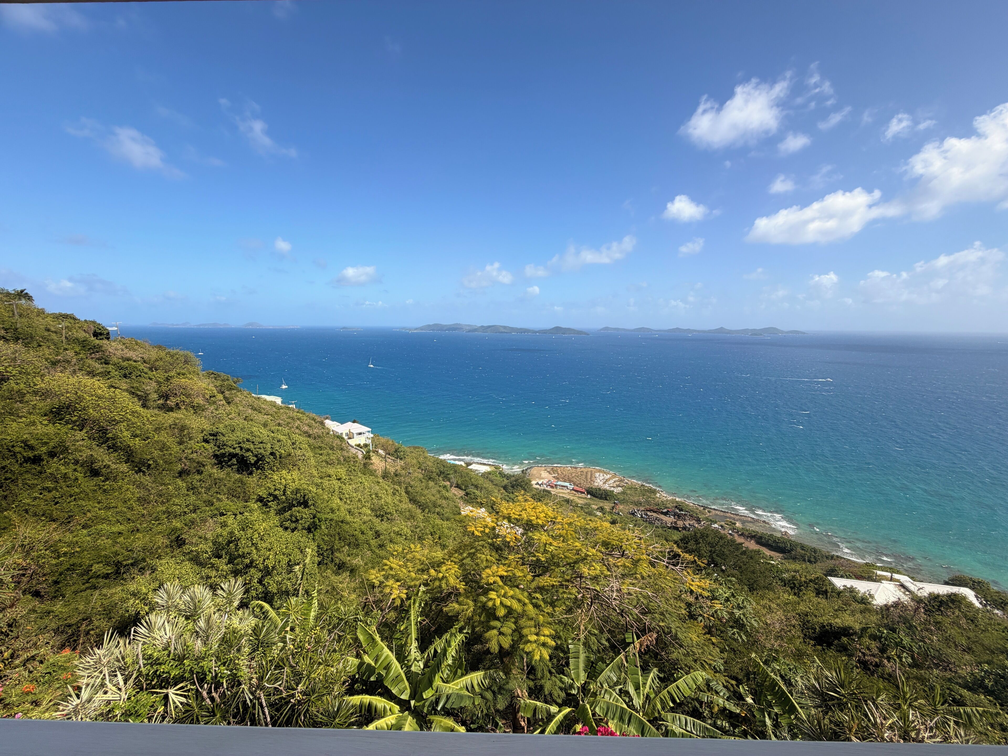 A coastal landscape with a view of the sea, greenery, and a few buildings.