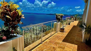 Un balcon avec vue sur la mer et les montagnes, des plantes en pot et un sol carrelé.