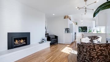 Smart TV, fireplace, books