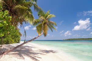 Playa privada en los alrededores, arena blanca, sombrillas