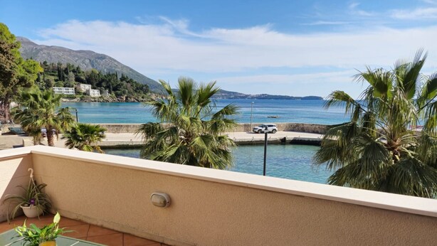 A balcony with a view of the sea, palm trees, and a mountain in the background. - Villa Ana Apartments - One Bedroom Apartment with Terrace and Sea View (Mlini)
