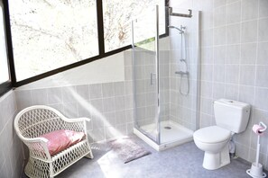 Shower, hair dryer, bidet, towels