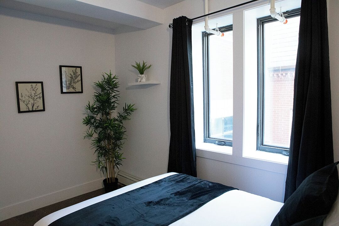 Un dormitorio con una cama, una ventana con cortinas negras, una planta en maceta y dos cuadros en la pared.