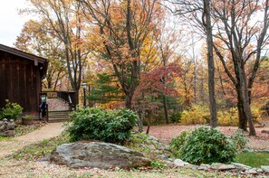 Escape to a serene natural retreat with a cozy cabin nestled among the trees.