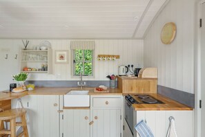 Fridge, oven, stovetop, coffee/tea maker