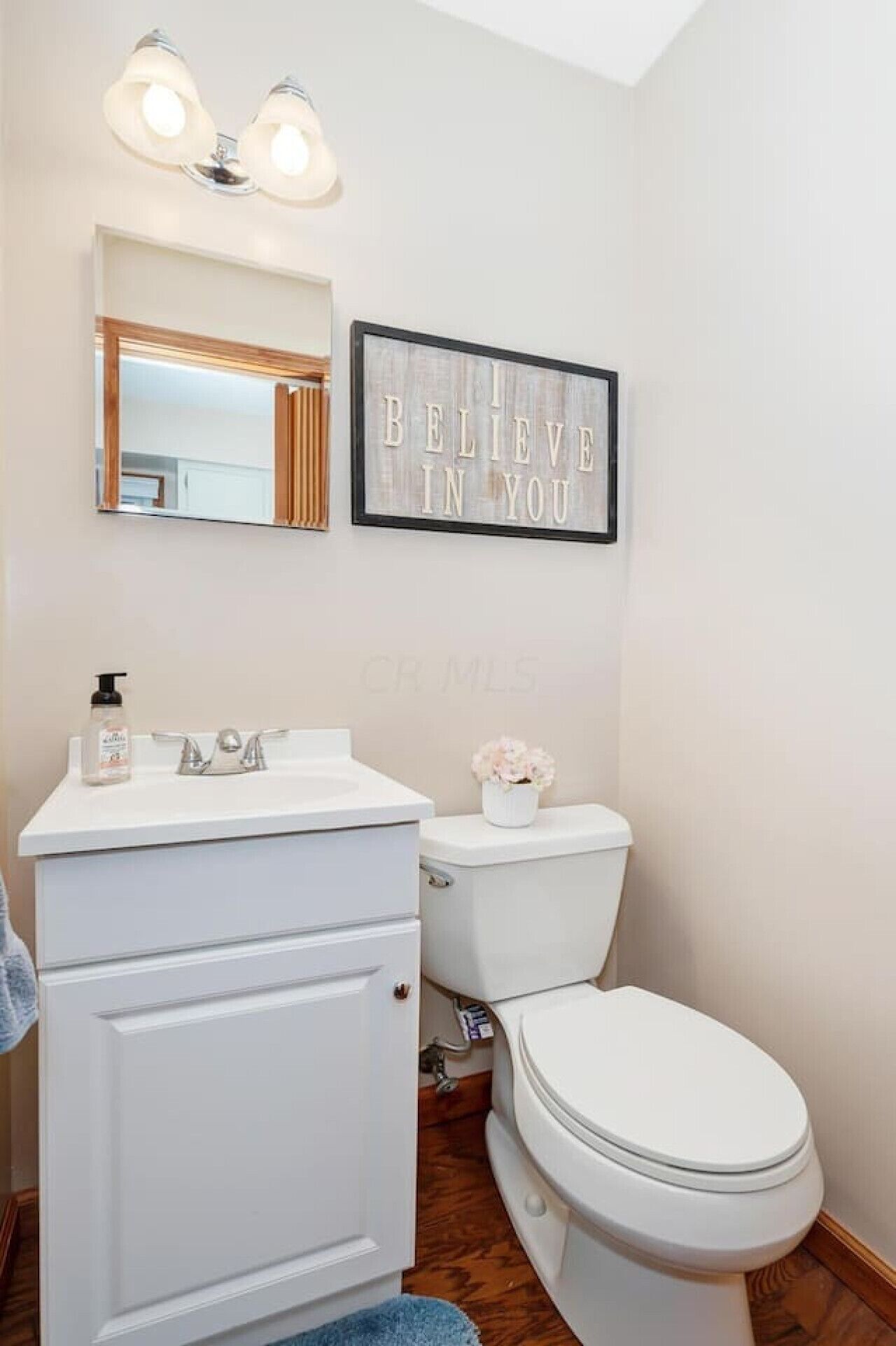 A bathroom with a white vanity, a toilet, and a mirror above the vanity. There is a framed sign above the mirror that reads "I BELIEVE IN YOU".