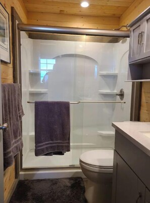 Hair dryer, towels, soap, shampoo