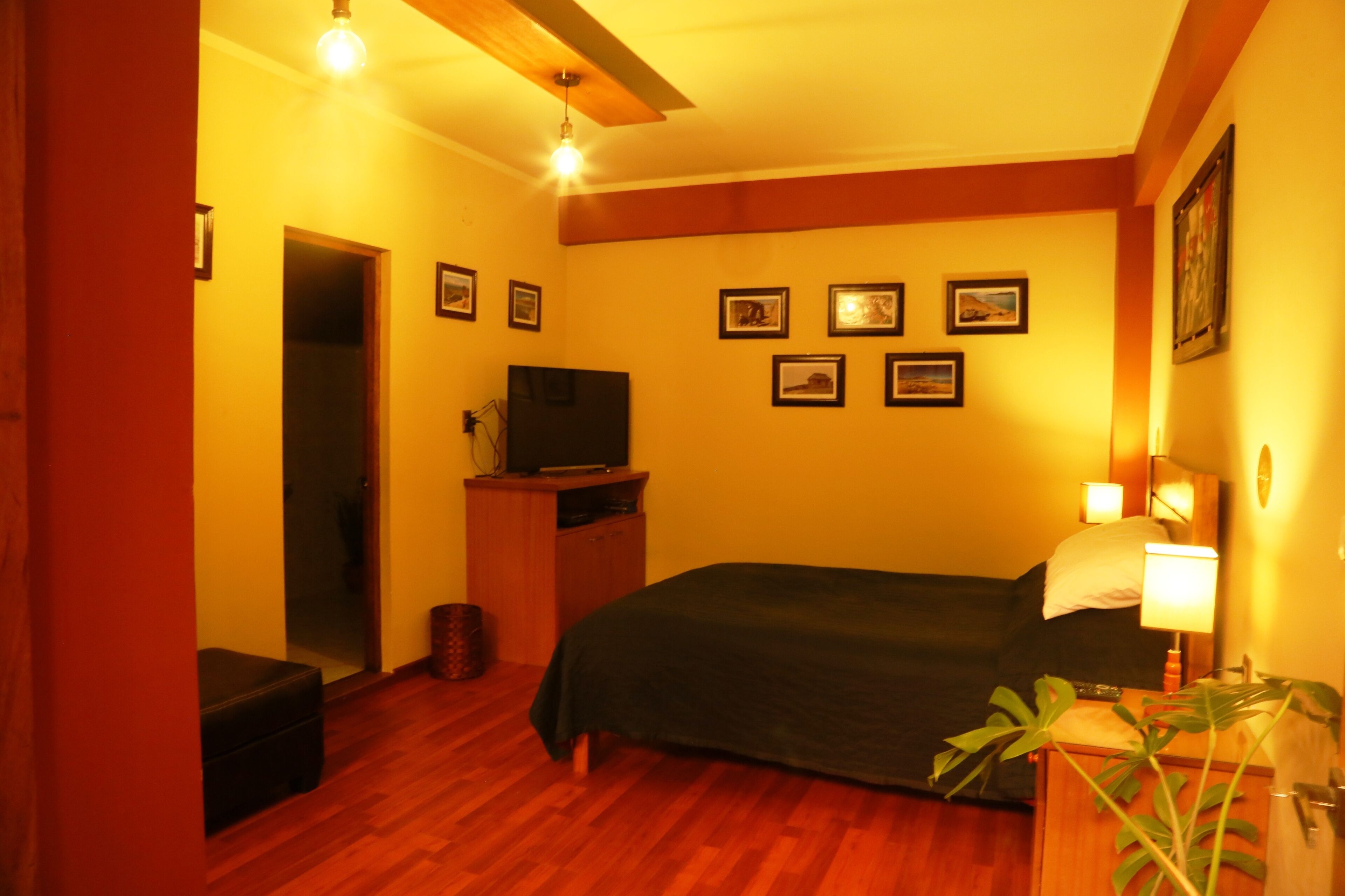 A bedroom with a bed, a television on a wooden stand, a bedside table with a lamp, and framed pictures on the wall.