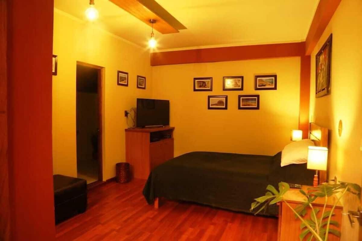 Un dormitorio con una cama, un televisor sobre un mueble, una puerta y cuadros en la pared.