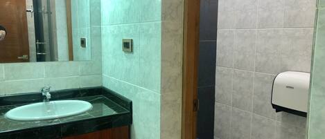 Un baño con lavabo, espejo e inodoro.