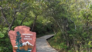 A wooden boardwalk leading to a sign for the National Park Service. - Paradise on the Great South Bay (Cherry Grove)