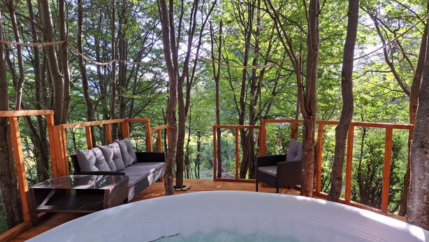 Un bain à remous entouré d’une terrasse en bois avec des sièges et des coussins, situé dans une zone boisée.