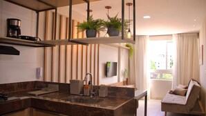A modern kitchen with a granite countertop, a built-in sink, and a coffee maker. There are potted plants on a shelf above the counter and a flat-screen TV mounted on the wall. - Apart na Orla de Cabo Branco - Carpediem (João Pessoa)