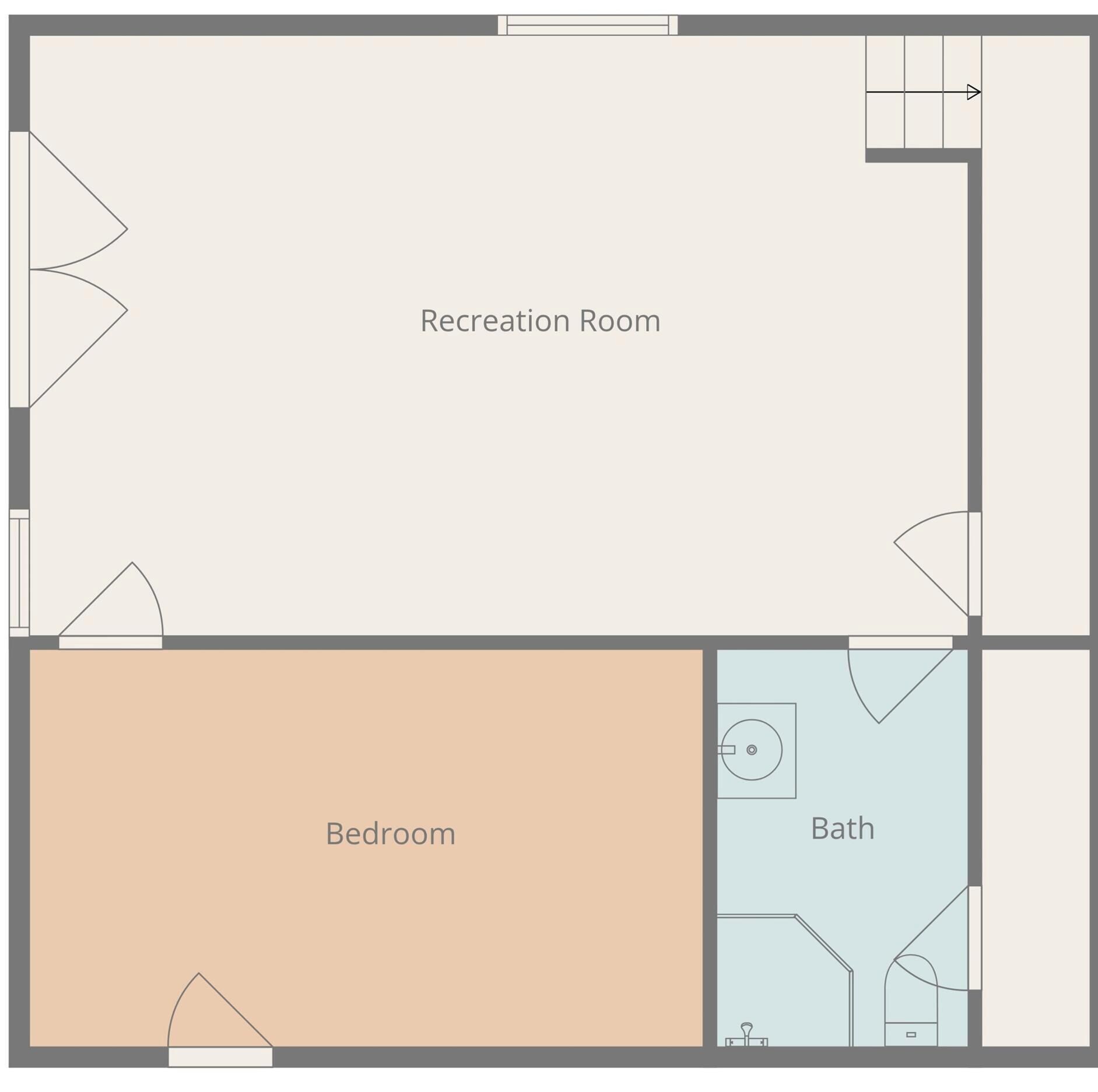 A floor plan with a Recreation Room, Bedroom, and Bath.