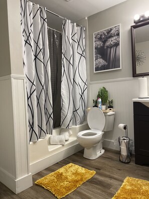 Shower, hair dryer, towels, soap