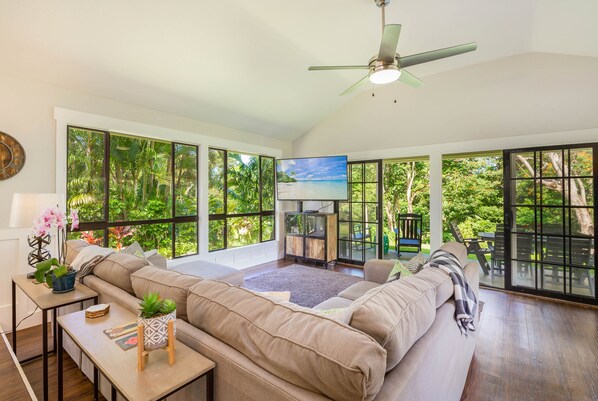 Smart TV, books, music library, stereo