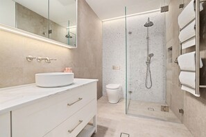 Shower, hair dryer, towels, soap