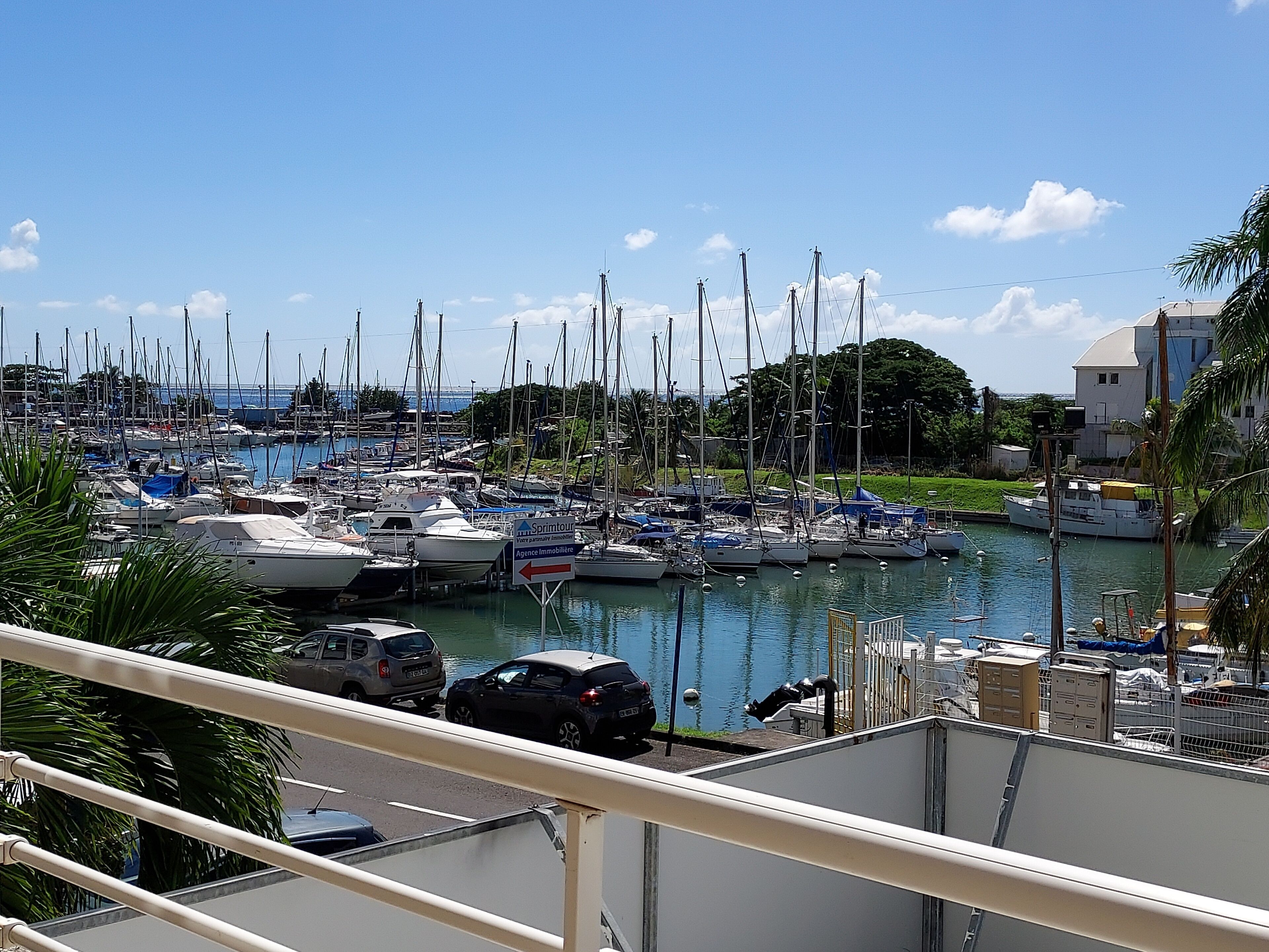 Un port de plaisance où de nombreux bateaux sont amarrés, un ciel dégagé et quelques voitures garées près de l’eau.