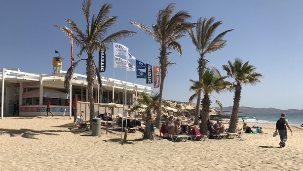 Un edificio frente a la playa con varias banderas, palmeras y una playa de arena.
