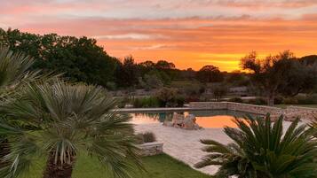 Un jardin aménagé avec une piscine, des palmiers et un coucher de soleil en arrière-plan.