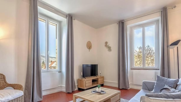 A living room with a wicker sofa, a grey sofa, a wooden coffee table, and a TV on a wooden stand. - La Savoyarde - T2 apartment close to the lake. (Menthon-Saint-Bernard)