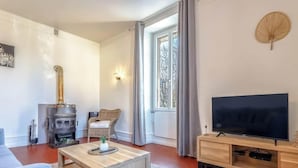A modern living room with a wood-burning stove, a television, and a cozy seating area. - La Savoyarde - T2 apartment close to the lake. (Menthon-Saint-Bernard)