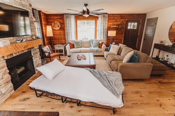 Smart TV, fireplace, DVD player, books