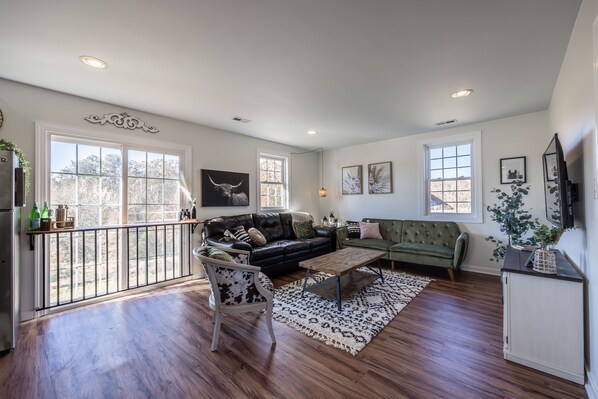 Smart TV, fireplace, ping pong, books