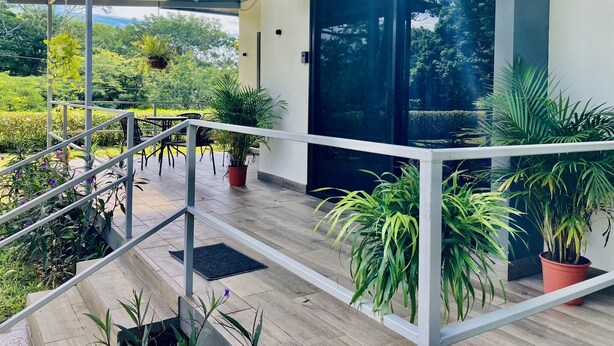 Un espacio al aire libre cubierto con piso de madera, plantas en macetas y barandilla de metal.