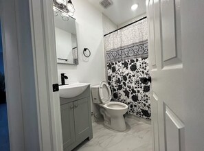 Hair dryer, towels, toilet paper