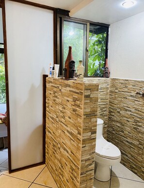 Hair dryer, towels, soap, toilet paper