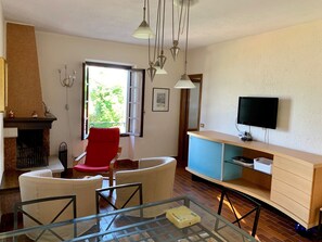 Televisie, een open haard, boeken en een computerscherm