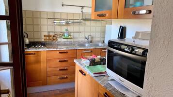 Een koelkast, een magnetron, een kookplaat